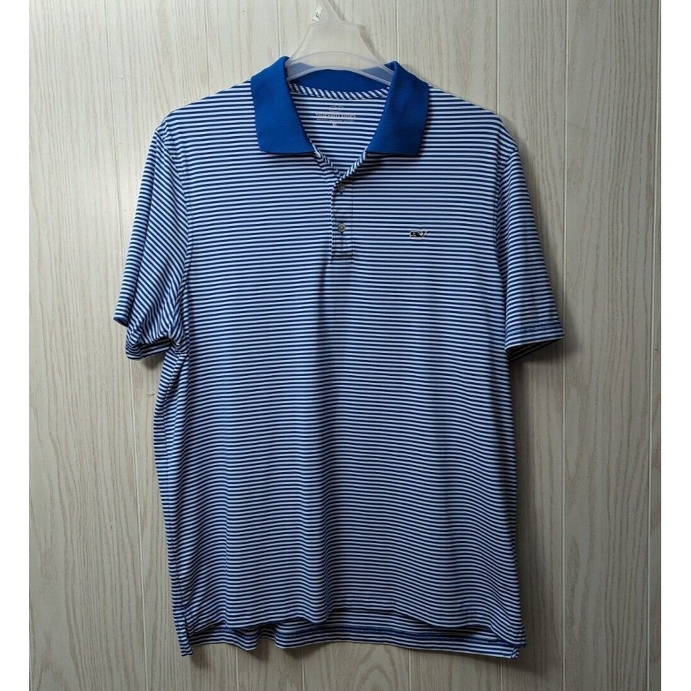 Vineyard Vines Polo Shirt Mens XL Blue Striped Performance Stretch Whale Golf